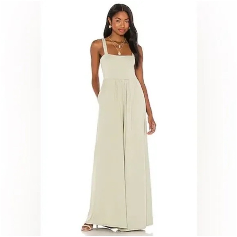 Majorelle from REVOLVE Smocked Jumpsuit in Sage Green